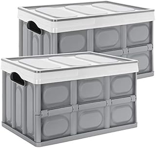 Yorbay 2 Pack Collapsible Storage Box 28L with Lids, Plastic Foldable Crate with Portable Handles, Stackable and Space Saving, Heavy-Duty Bin for Car Boot, Home, Closet, Travel, Grey, Reusable