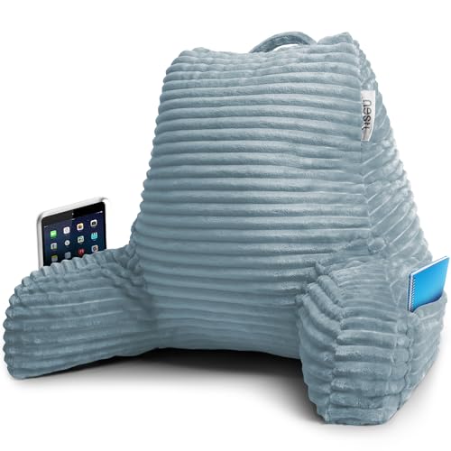 Image of Nestl Reading Pillow with Shredded Memory Foam, Luxe Cut Plush Back Pillow for Sitting Up in Bed, Back and Arms Adjustable Support for Adult & Teens, Backrest Pillows with Washable Cover Stone Blue