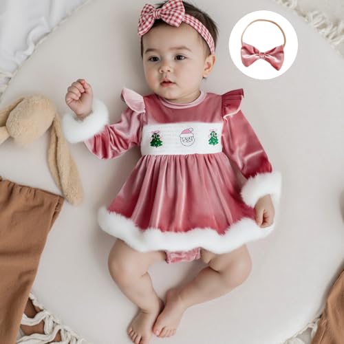 Newborn Baby Girl Christmas Outfit Santa Velvet Long Sleeve Smocked Romper Dress Ruffle Tutu Bodysuit Winter Clothes4
