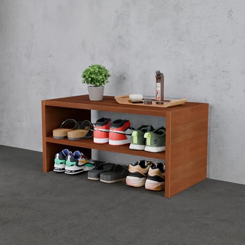 Image of Enigmatic Woodworks Wooden Shoe Rack for Home, Chappal Slippers Organizer Stand I 2-Tier I Finish-Suede DIY (Walnut)