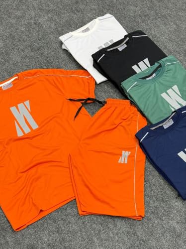 MEZA Men's 2 Piece Sports Set Shorts and T-Shirts, Summer Milton Lycra Material, Round Neck, Vinyl Print, (Black, L)