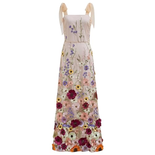 green emerald velvet dress CHICWISH Women 3D Floral Applique Maxi Dress Shoulder Tie Strap Square Neck  Elegant Party Long Mesh Tulle Dress Apricot at Amazon Women's Clothing store