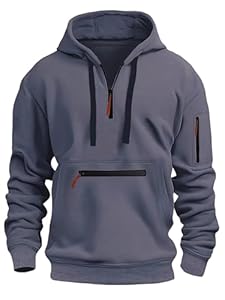 MakingDa Sweat à capuche pour homme à manches longues avec demi-fermeture éclair, poche zippée, cordon de serrage, en molleton, haut de survêtement à manchettes, coupe régulière, décontracté