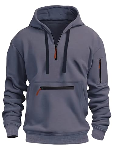 MakingDa Mens Quarter Zip Pullover Hoodie Long Sleeve Zipped Pocket Drawstring Fleece Tracksuit Tops Cuffed Overhead Shirts Hoody Regular Fit Casual Classic Work Hooded Sweatshirts Grey S