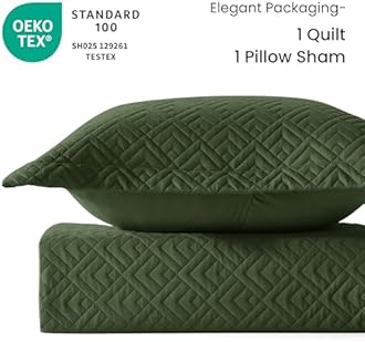 EXQ Home Quilt Set Twin Size Olive Green 2 Piece,Lightweight Soft Coverlet Modern Style Squares Pattern Bedspread Set(1 Quilt,1 Pillow Sham)