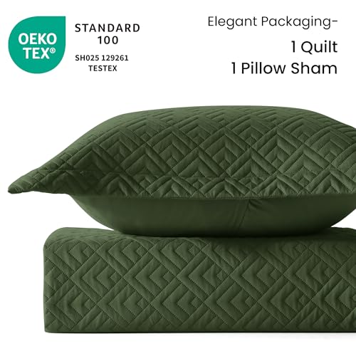 EXQ Home Quilt Set Twin Size Olive Green 2 Piece,Lightweight Soft Coverlet Modern Style Squares Pattern Bedspread Set(1 Quilt,1 Pillow Sham)
