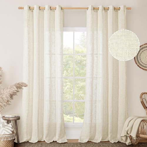 LAMIT Linen Sheer Curtains 96 inches Long 2 Panel Set, Light Filtering Neutral Living Room Drapes Bronze Grommet Floor to Ceiling Panels for Sliding Glass Door/Bedroom, Cream Ivory, 52 x 96 Inch by LAMIT - Used condition - US$36.39