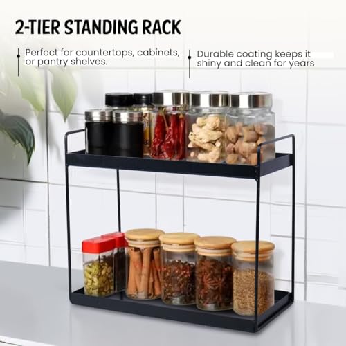 Image of Niyara Iron Metal Heavy Duty Stand 2-Tier multistorage /Multipurpose Standing Rack, Bathroom Countertop Storage Shelf Cosmetic Organizer Holder Kitchen Spice Rack, (Square Black)