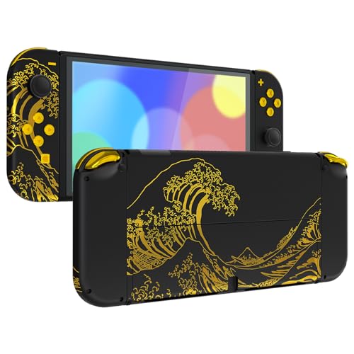 eXtremeRate Coque avec Motif de Remplacement pour Nintendo Switch OLED, Coque Complète pour Nintendo Switch OLED, avec Bouton Béquille Coque pour Joycon, The Great Golden Wave Off Kanagawa Noir