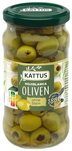 Kattus - Grüne Hojiblanca Oliven ohne Stein - verzehrfertige, entsteinte spanische Oliven, eingelegt in pikanter Salzlake, für Salate, Pasta und Co. - 340 g im Glas