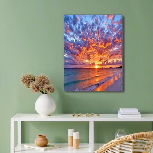 Cuadro de playa al atardecer para transformar tu dormitorio con tonos naranja y púrpura de 70x100 2