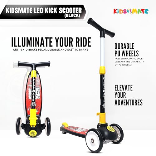 Kidsmate Leo Kick Scooter for Kids,Adjustable Height Scooter, Foldable & Attractive PVC Wheels with Rare Brakes for Kids (Black)