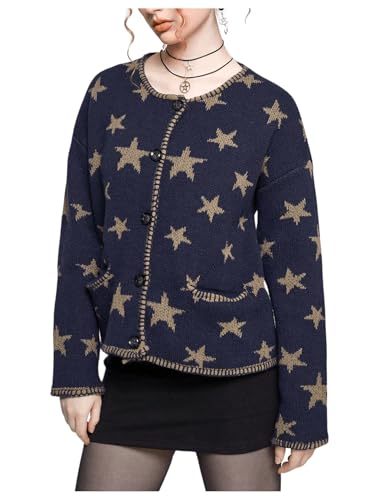 SOLY HUX Women's Star Print Cardigan Button Down Round Neck Long Sleeve Casual Sweater with Pockets3