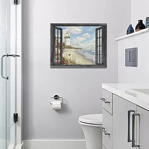 Lighthouse Nautical Wall Art Coastal Beach Pictures Canvas Prints Ocean Decorations Painting Framed Window Seascape Artwork Gifts Office Home Decor For Bathroom Dining Living Room 16"X12" #TOP5