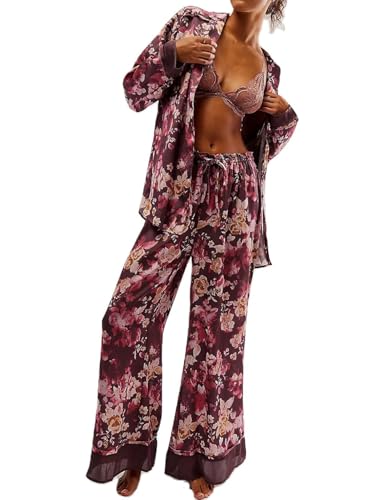Image of Yimoon Satin Pajama Set for Women Silk Pajamas Set 2 Piece Floral Cute Pj Set Long Sleeve Pjs Sleepwear