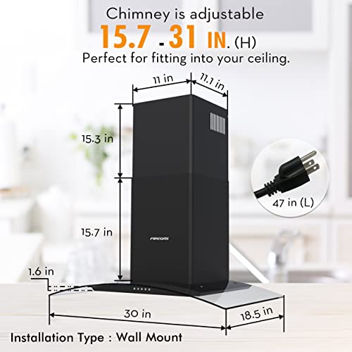 Firegas Wall Mount Range Hood 30 Inch With 3 Speed Fan,Black Range Hood With Tempered Glass,400Cfm,Push Button Controls, Led Lighting, Permanent Filters In Stainless Steel,Includes 2 Charcoal Filters #TOP5