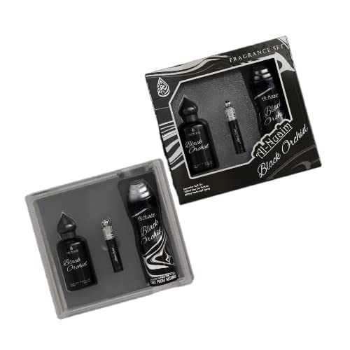 Al-Nuaim Gift Set | 1 Perfumed Spray - 200ml | 1 Eau De Perfume - 100ml | 1 Attar Roll on - 6ml | (Black Orchid) | Valentine's Day gift