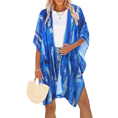 Womens Swimsuit Coverups Summer Loose Cardigans for Swimwear Lightweight Beach Kimono (Blue White Smudge,S)