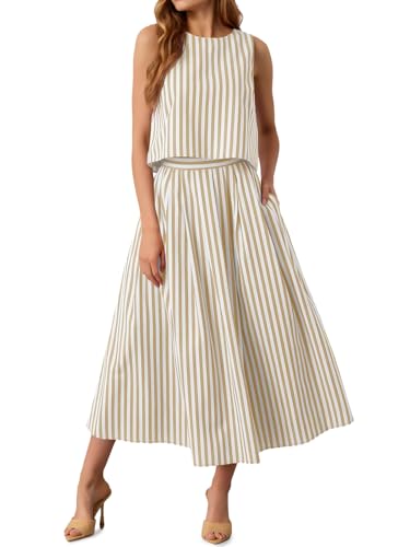 Tankaneo Womens 2 Piece Skirt Sets Summer Striped Sleeveless Tank Tops Midi Dress Travel Vacation Outfits Matching Sets Beige