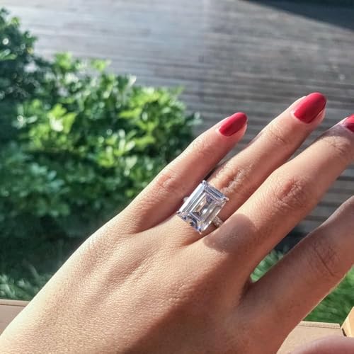 10 Carat Lab Created Diamond Ring, Emerald Cut D Color Solitaire Wedding Engagement Ring, 18K White Gold Plated Sterling Silver Simulated Large Diamond Promise Ring4