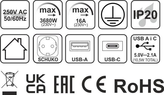 Kombibox - Ciabatta da incasso con 2 prese e USB e USB-C con cavo da 3 metri (nero)