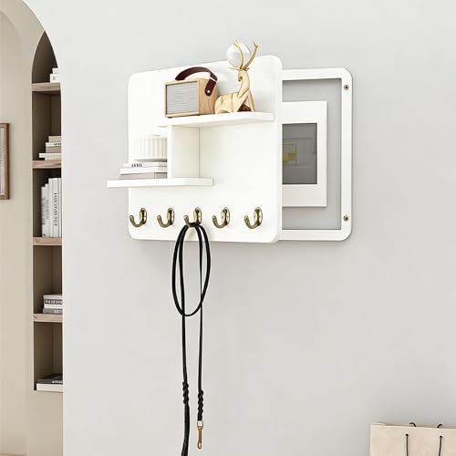 Fuse Box Cover Cabinet, Wall Mounted Fuse Box Cover Cabinet, Wooden with Shelf &amp; Hooks, for Living Room Home Office(White-b,60 * 50cm/23.6 * 19.7in)