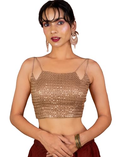 Image of FIGURE'S DESIGNER Women's Spagehtti Neck Strap Sequin Embroidered Sleeveless Readymade Saree Blouse E22