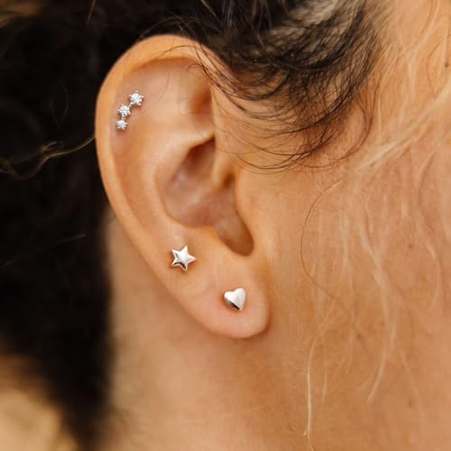 16G/18G Solid 925 Sterling Silver Flat Back Stud Earrings for Women, 6mm and 8mm Post Lengths, Tragus Conch Helix Piercing Jewelry Heart Snake Star CZ Gold Silver Nose Piercings3