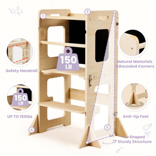 Image of labebe Toddler Standing Tower for 12M+, Montessori Foldable Learning Standing Tower with Blackboard, Anti-tip Structure Design,Wooden Kitchen Step Helper Stool for 1-3 Year Old Boy Girl Gift