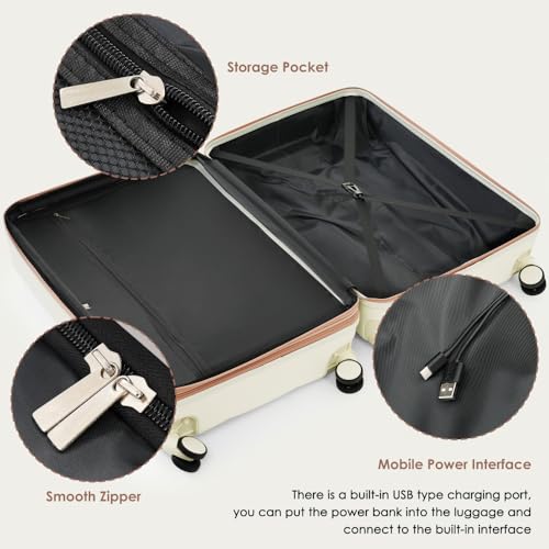 Luggage Sets 4 Piece, 20-inch with USB Port, Expandable ABS Durable Suitcase with Travel Bag, Cup Holder, ABS Hard Shell Luggage with Spinner Wheels, beige3