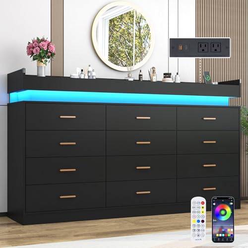 Image of Hlivelood 12 Drawer Dresser with LED Light and Charging Station, 70 inch Modern Chest of Drawers for Closet, Wide Drawer Organizer Cabinet for Bedroom, Living Room, Entryway, Hallway, Black