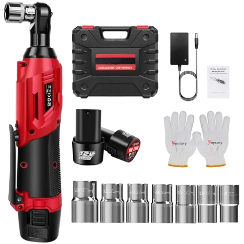 Cordless Ratchet Wrench, 3/8" 12V Electric Battery Ratchet with LED Light, 7 Pcs Sockets, 2 x Li-Ion Battery and Fast Charger, 45N.m, 0-300 RPM, Impact Wrench Tool Kit
