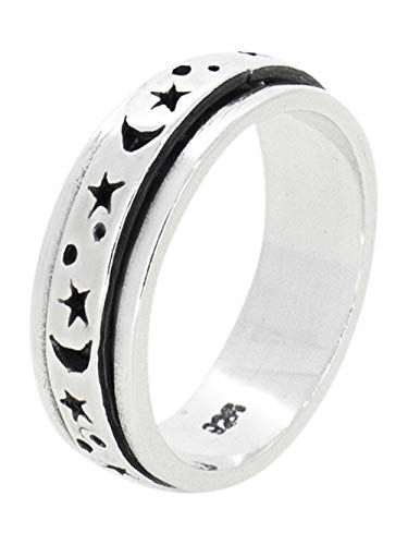 Bague tournante en argent sterling 925 étoiles et lune ciselée main