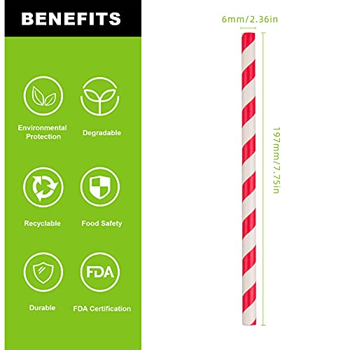 Go Green 250-Pack Red&White Paper Drinking Straws, 7.75 Inch Disposable Striped Paper Straws, Natural Eco Friendly Biodegradable Drinking Straws, Party Decoration Supplies #TOP1