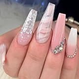 MISUD Press on Nails - Long Coffin Fake Nails with Pink White, Acrylic Bling Glitter Rhinestone Design 24 pcs