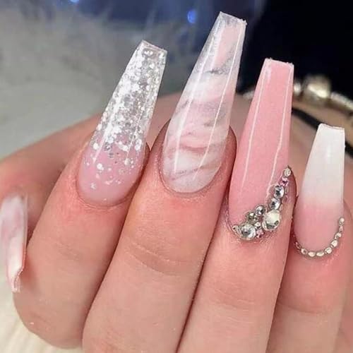 MISUD Press on Nails - Long Coffin Fake Nails with Pink White, Acrylic Bling Glitter Rhinestone Design 24 pcs