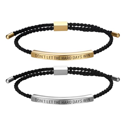 JewelryWe Motivierendes Schlaucharmband Armband für Damen: 2 Stück Don't LET The Hard Days Win Schwarz Verstellbar Geflochten Nylon Armreif Manschette mit Edelstahl Schieber inspirierendes Geschenk