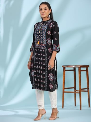 Image of Juniper Black Ethnic Motif Printed Rayon Calf Length Straight Kurta with Kaudis Kantha Work & Sequins