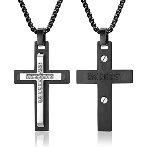 Fathers Day Gifts From Daughter For Dad Gifts From Wife Black Silver Cross Necklace With Rolo Chain For Men First Father's Day Gifts For New Dad Diamond Cross Pendant For Boyfriend Birthday Valentines Day Christian Religious Christmas Jewelry Gift For Dad Stainless Steel #TOP1