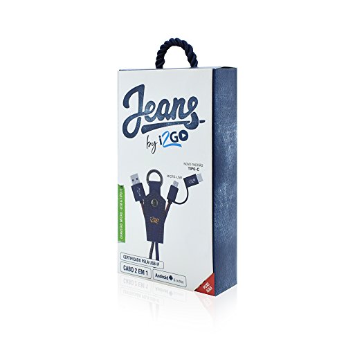 Chaveiro Cabo Micro USB e USB-C 2 em 1, i2GO, Revestimento Jeans, Azul