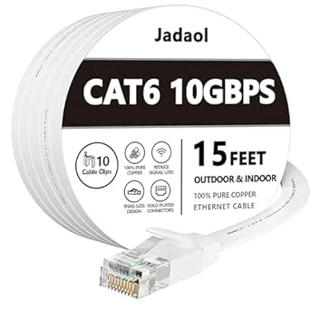 Cat 6 Ethernet Cable 15 ft - Flat Internet Network LAN Patch Cord Short – Faster Than Cat5e/Cat5, Slim Cat6 High Speed Computer Wire with Snagless Rj45 Connectors for Router, PS4, Xbox–15 feet White