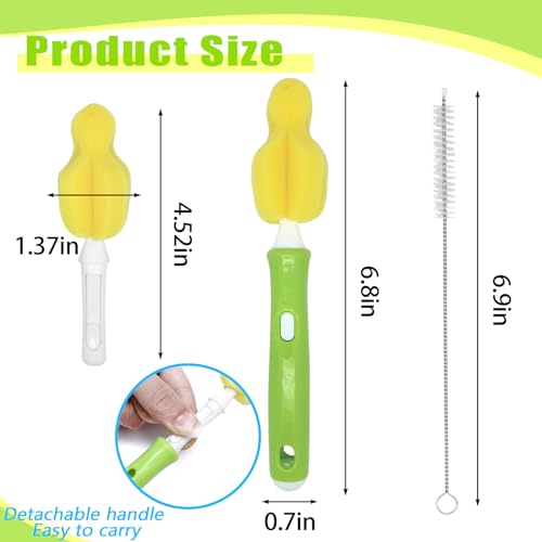 Image of INVODA 12PCS Sponge Nipple Bottle Brushes, Baby Bottle & Nipple Cleaner with 4 Replacement Heads & 4 Straw Brushes (Yellow)