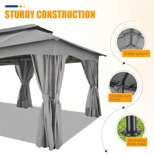 Image of COBIZI 12x20 FT Gazebo Outdoor with Curtains, Heavy Duty Soft Top Gazebo Canopy with Double Roof, Large Metal Frame Gazebos for Patio, Backyard and Deck (Gray)