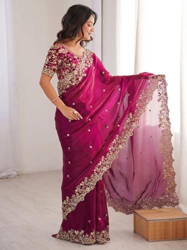 Image of AKHILAM Women's Shimmer Satin Sequence Embroidery Saree With Unstitched Blouse Piece(AARYAN21401 KR Parent)