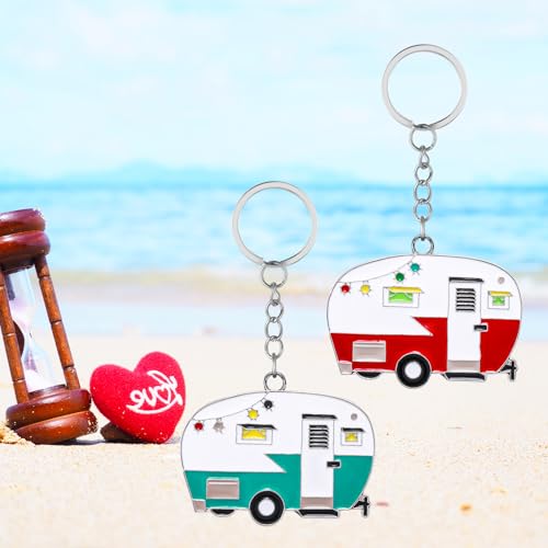 Image of Grevosea 2 Pack Camper Keychain, Happy RV Camper Keyring Camper Accessories for Men WomenTravel Trailers Retro Camping