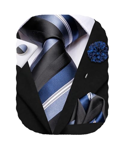 Image of Hi-Tie Men's Silk Ties Formal Woven Classic Necktie Pocket Square Cufflinks Lapel Pin Set Wedding Business