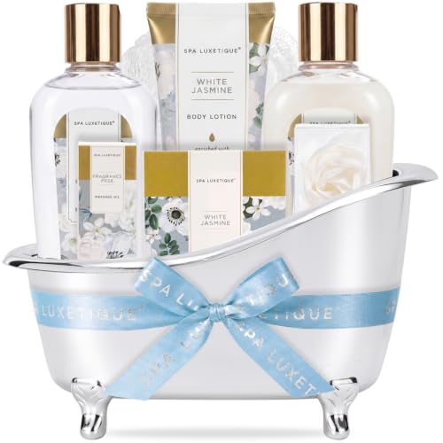 Image of Spa luxetique 8pcs Jasmine Gift Set for Women, Spa Gift Baskets Bath and Body Gifts with Shower Gel, Bubble Bath, Birthday Anniversary Christmas Gifts for Mom