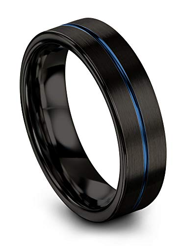 Chroma Color Collection Tungsten Carbide Wedding Band Ring 6mm for Men Women Blue Center Line Black Interior with Flat Cut Brushed Polished Comfort Fit Anniversary Size 11