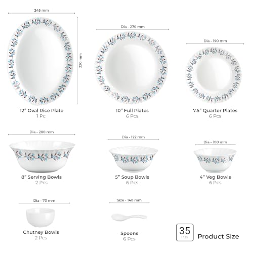 Image of Treo by Milton Opalware Aurelia Lavelle Dinner Set of 35 | Serving for 6 | Microwave & Dishwasher Safe | Bone-Ash Free | Tempered Toughness | Plates, Bowls, Spoons | Crockery Set for Dining & Gifting