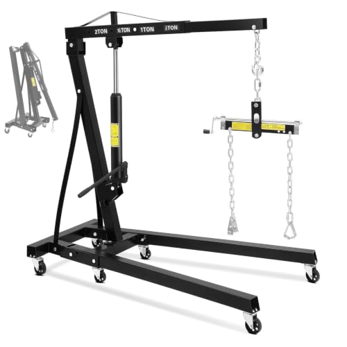 MOVECOM 2 Ton Folding Engine Hoist with Leveler - 4400 Lbs Heavy-Duty Capacity, Space-Saving Design, 4 Adjustable Boom Positions, 6 Swivel Casters, Versatile Workshop Use